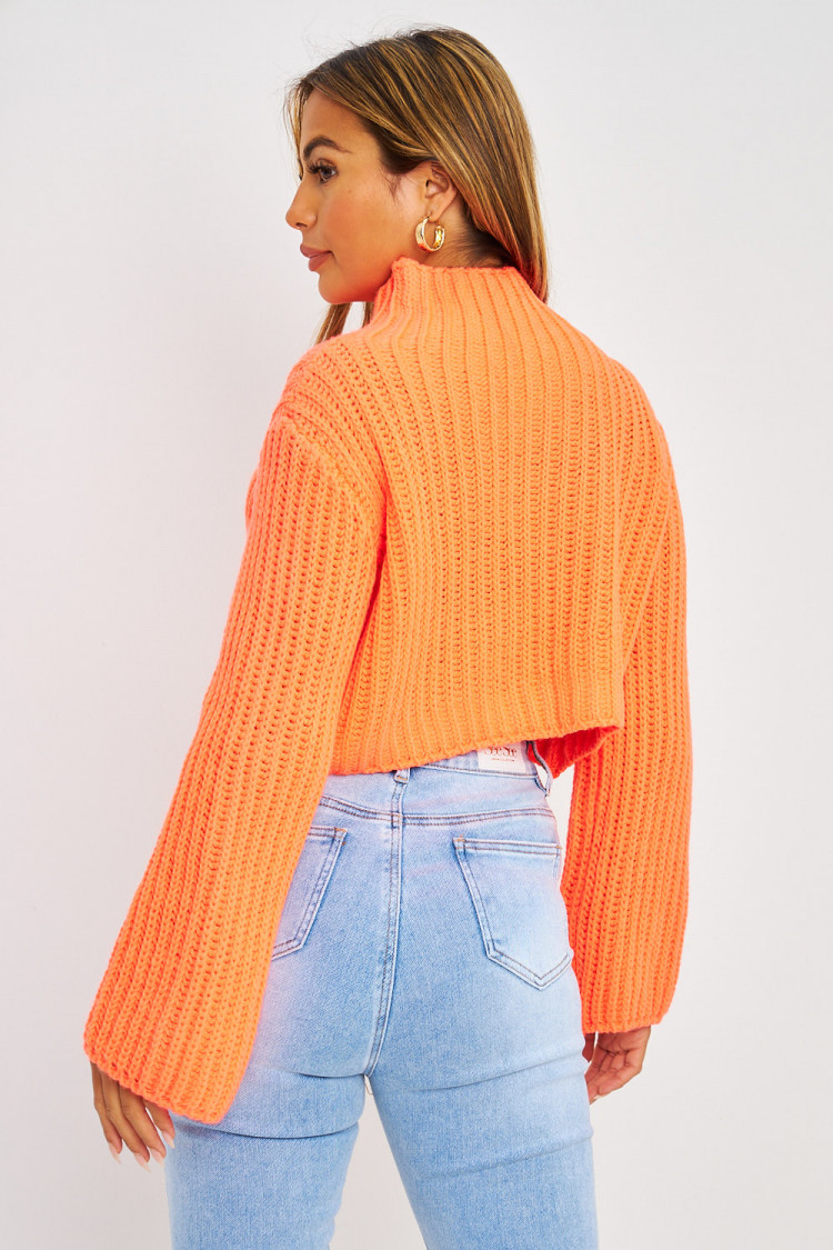 Pull court en grosses mailles orange fluo