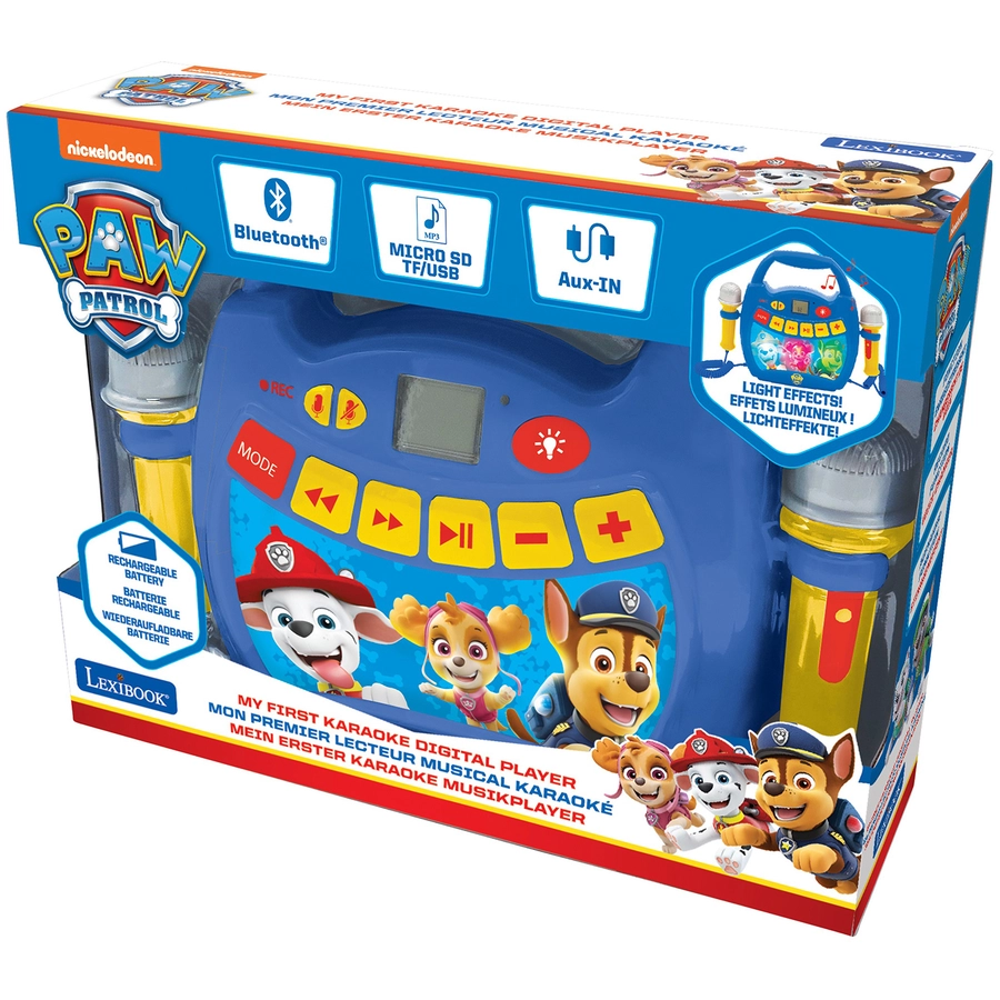 LEXIBOOK Paw Patrol - Mein erster digitaler Karaoke Player mit zwei Mikrofonen, LED Lichteffekten, Bluetooth und Akku