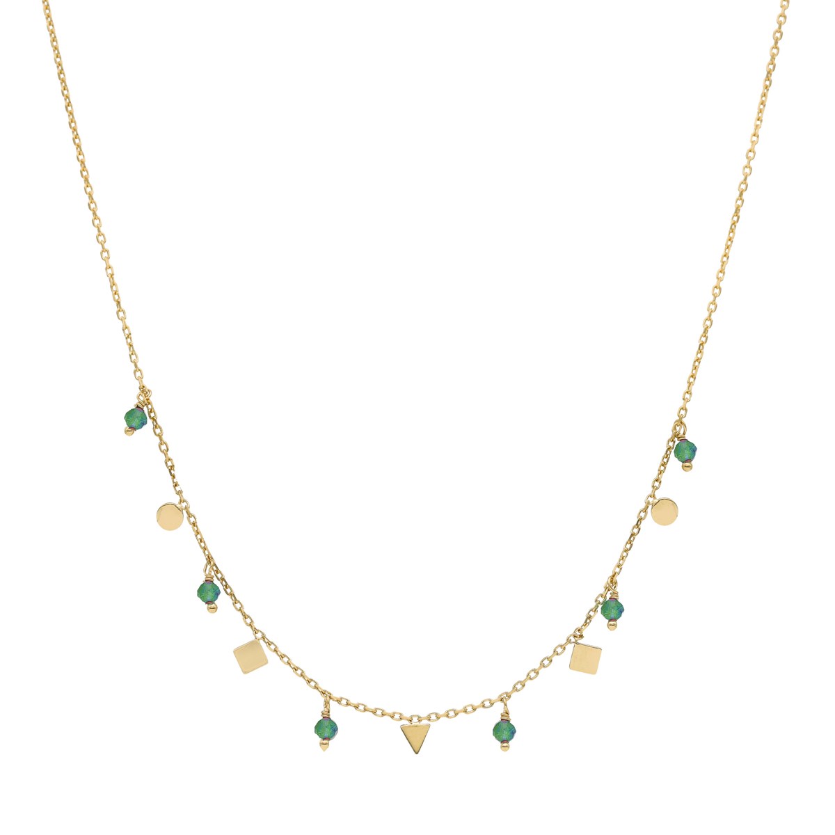 Collier Argent Doré Pampilles De Forme Géométrique Et Pierre Onyx Verte