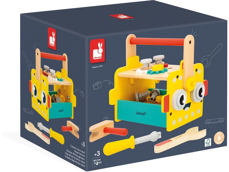 Janod Handwerker Roboter Werkzeugkasten Tragbarer Werkzeugkasten aus Holz