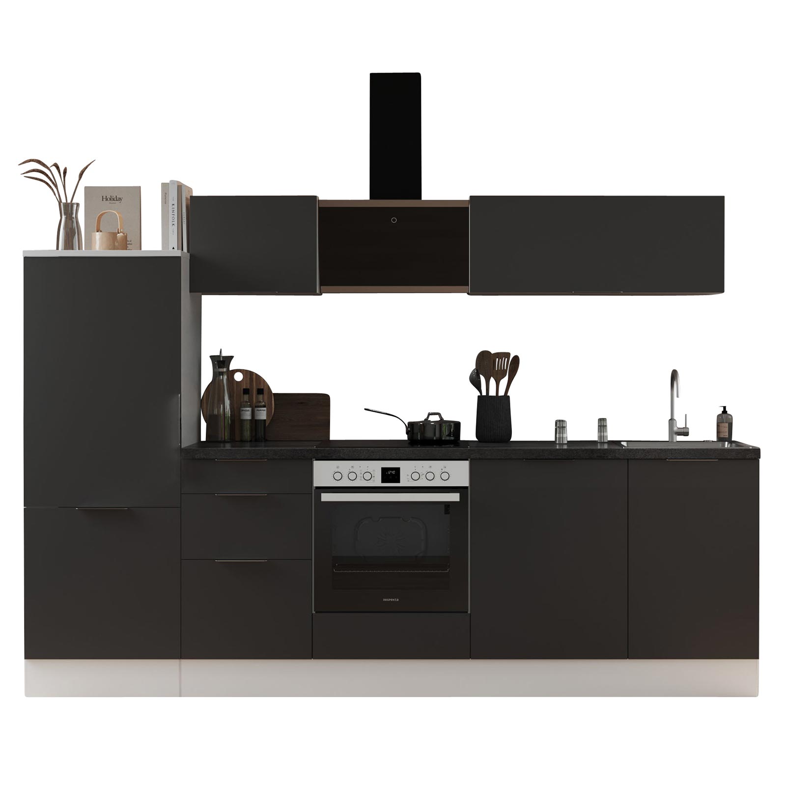 RESPEKTA Küchenblock - grau matt - weiß matt - mit E-Geräten - 280 cm