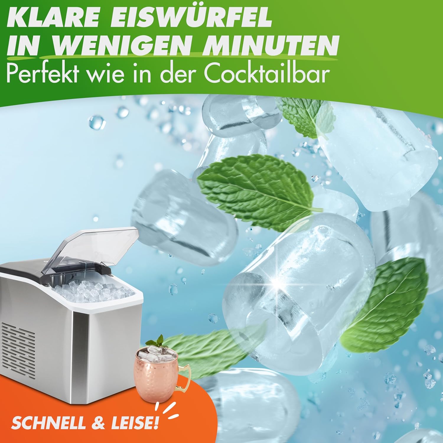 Nutrilovers Eiswürfelmaschine NUTRI-ICE MAKER Edelstahl Eiswürfelbereiter, Transparente Eiswürfel 2 Größen (S/L) inkl. Moscow Mule Becher & Rezeptbuch