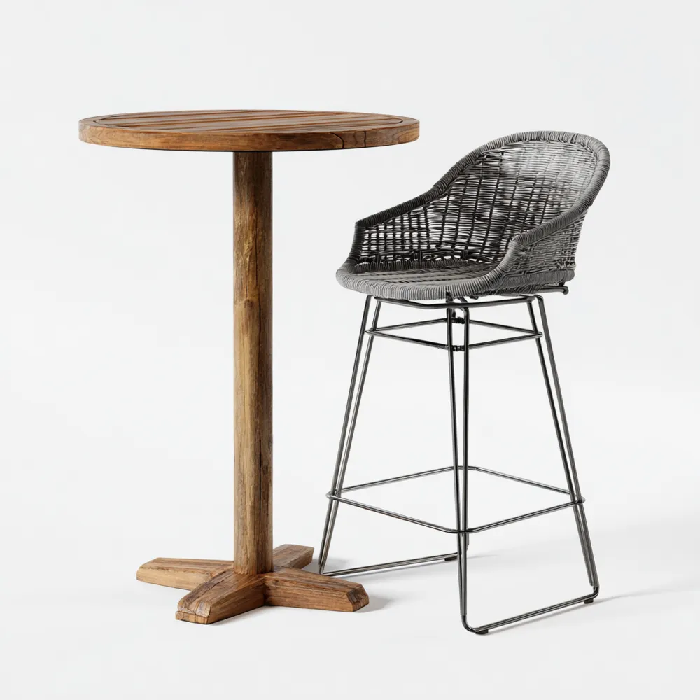 Garten-Bar-Set aus Holz und Rattan – Tisch 100x70x70 cm – Braun/Grau