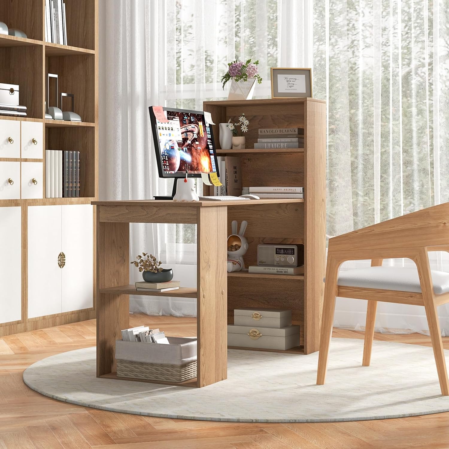 COSTWAY Schreibtisch mit Bücherregal, Computertisch mit 6 Regalen, PC-Tisch mit Regal rechts oder Links, Bürotisch, Arbeitstisch für Zuhause, Büro und Wohnheim, 122 x 56 x 122 cm (Natur)