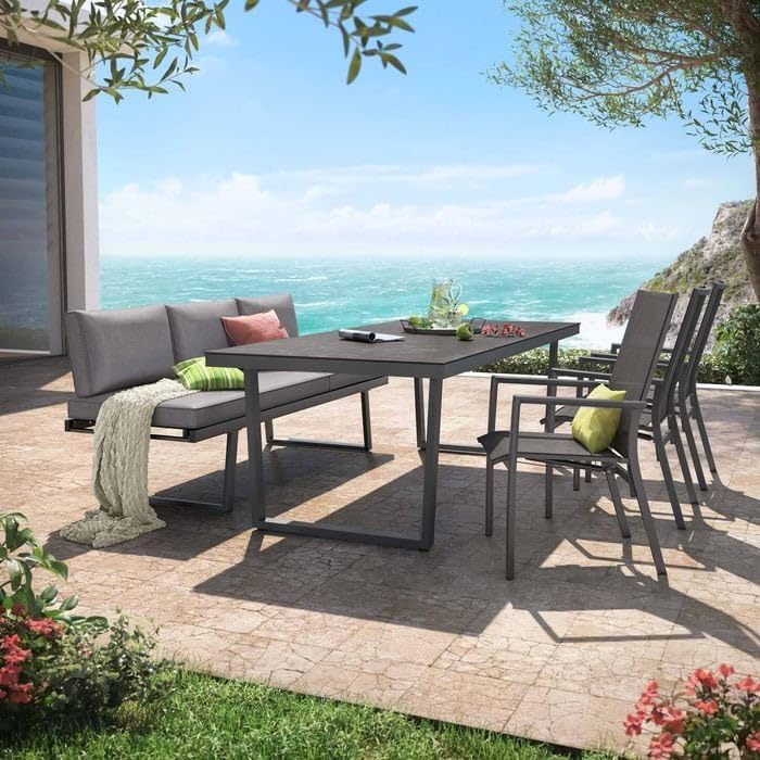 OUTLIV. Gartenmöbel Set Lucca L Aluminium 6-Sitzer Diningsofa Hochlehner stufenverstellbar Glaskeramik Tisch 220x100 cm Dunkelgrau wetterfest