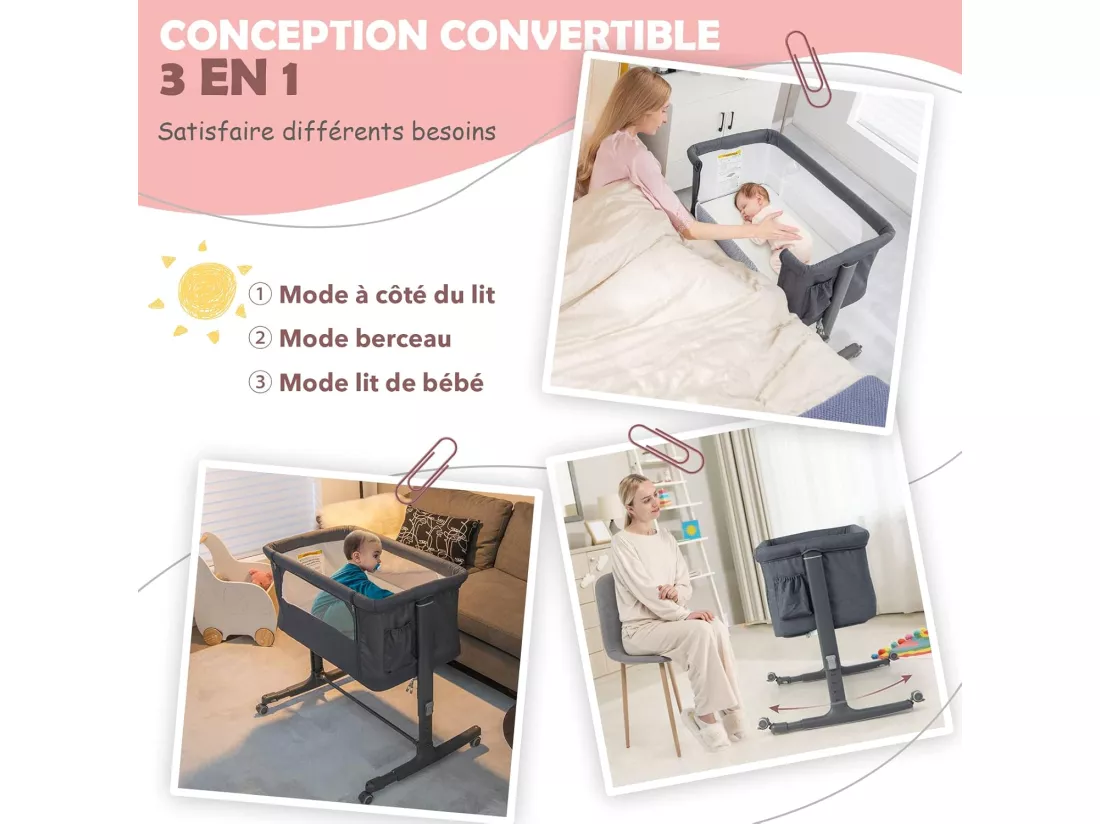 Lit Cododo Bébé 3 en 1 avec Hauteur Réglable 5 Niveaux, Lit Berceau Inclinaison de 10° avec Matelas Confortable,Maille Respirante,Charge 9KG,Sac de Voyage pour Bébé 0-5 Mois, Gris