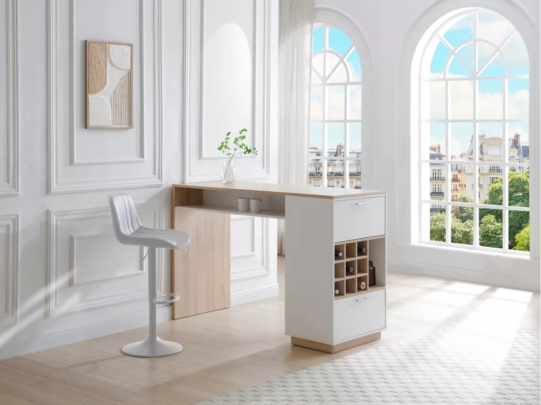 Meuble de bar avec rangements - Blanc et naturel - ANOSKI