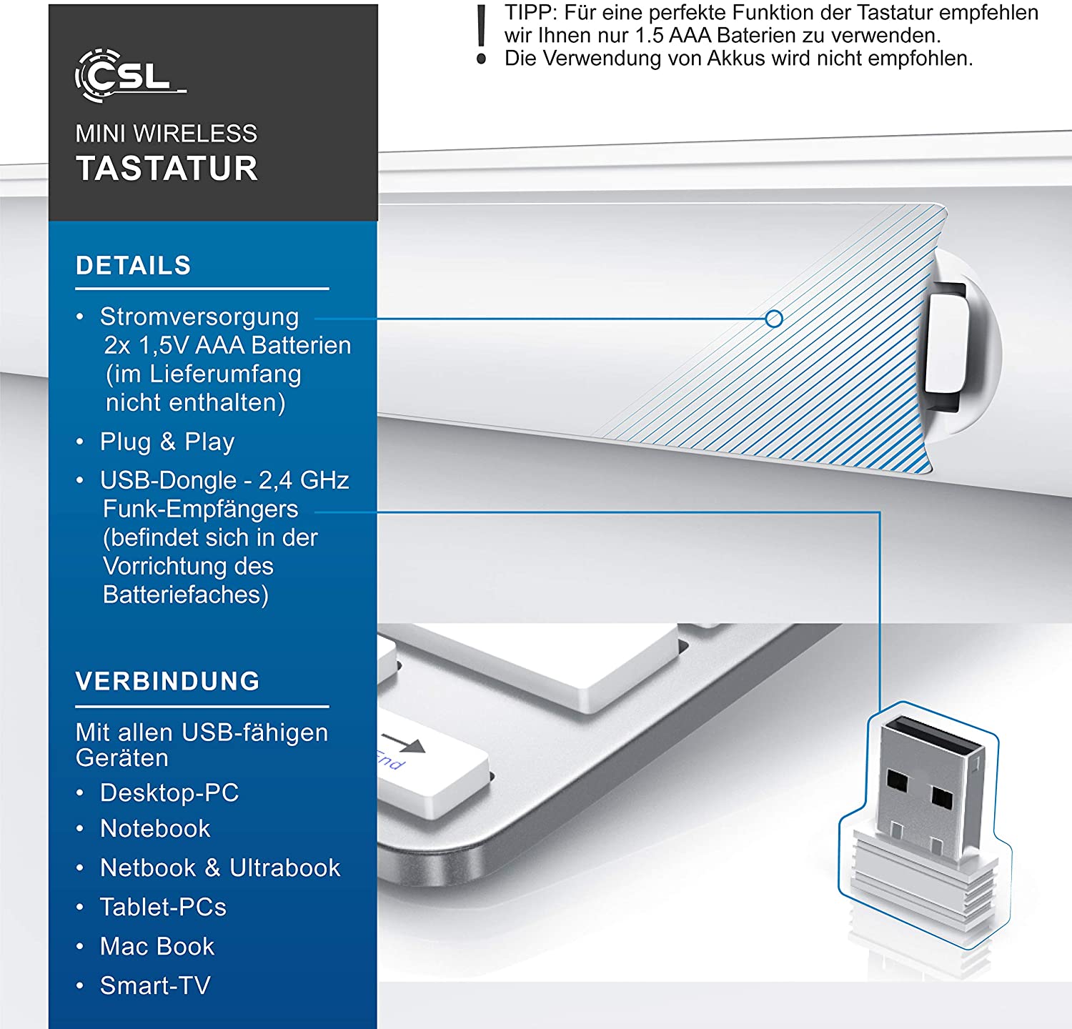CSL Wireless-Tastatur, 2,4Ghz Slim Design Mini Keyboard, platzsparend, ergonomisch, Kabellos, silber