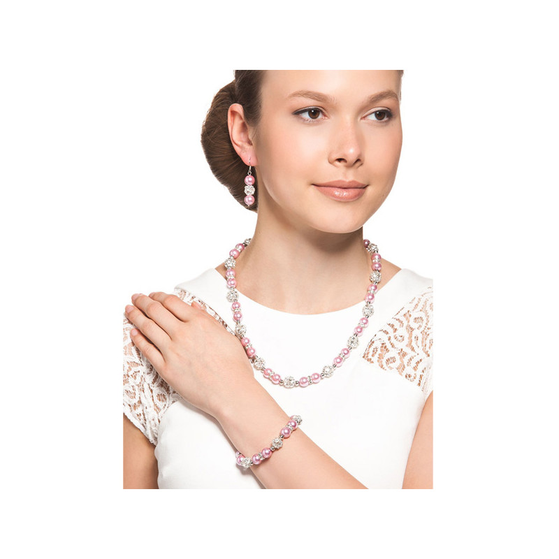 Parure Collier, Bracelet et Boucles d'oreilles Perles Roses, Cristal et Plaqué Rhodium