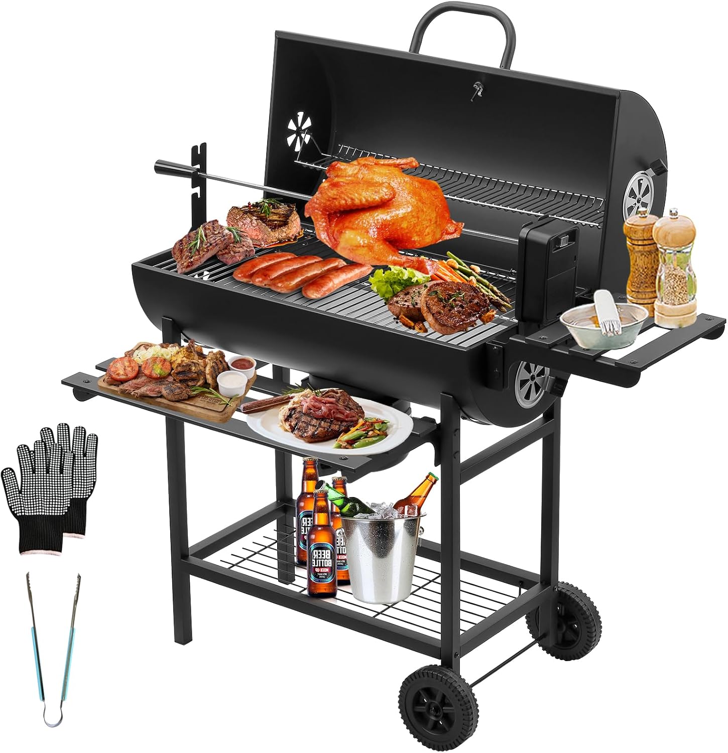 TEENO Grillwagen aus Holz, XXL-Kohlegrill mit Deckel, Thermometer, Ascheschublade, Verbrühungsschutz, verstellbare Belüftung, großer Holzkohlegrill (mit Chicken Grill)