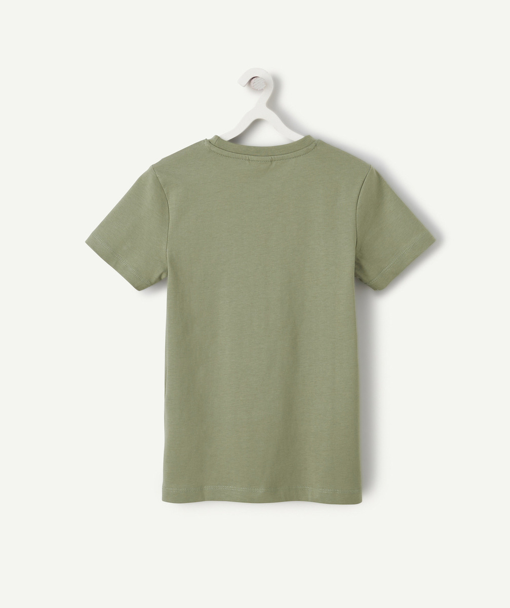 T-SHIRT GARÇON EN COTON BIO KAKI AVEC SKATE EN DAMIER ET MESSAGE
