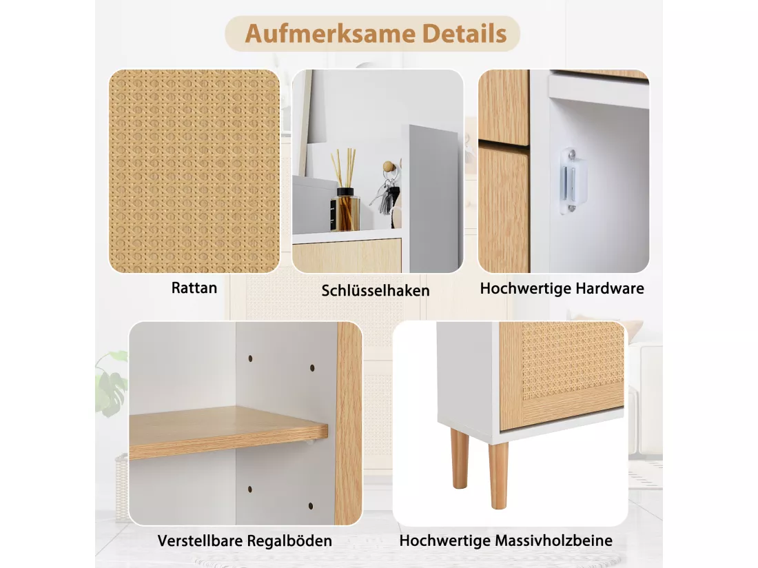 Meuble à chaussures 3 portes abattants et 1 tiroir dim. 90L x 17L x 125H cm aspect bois effet cannage rotin coloris blanc + chêne