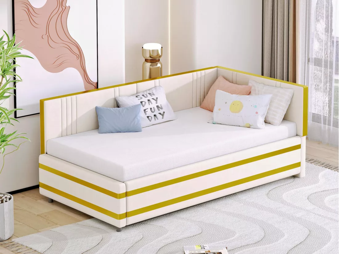 Lit banquette 90x200cm en velours - avec sommier à lattes - Beige (matelas non inclus)