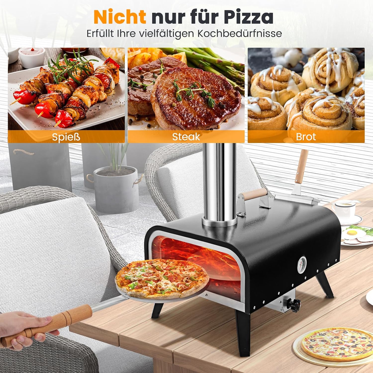 COSTWAY Outdoor Pizzaofen, tragbarer Pizza Ofen aus Edelstahl mit Pizzastein, Pizzaschaufel, Thermometer, klappbaren Beinen & Tragetasche, für Picknick, Party, Camping