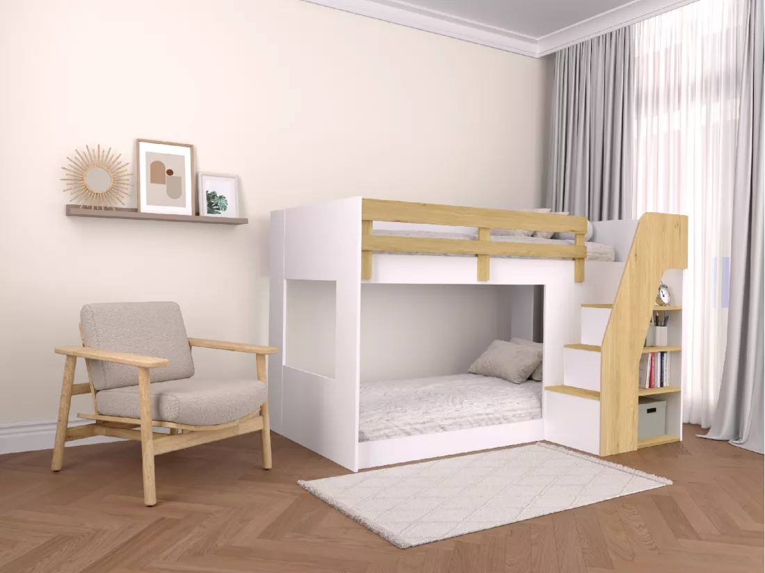 Lit superposé 90 x 190 cm - Avec rangements - Coloris : Blanc et naturel - NAROJAS