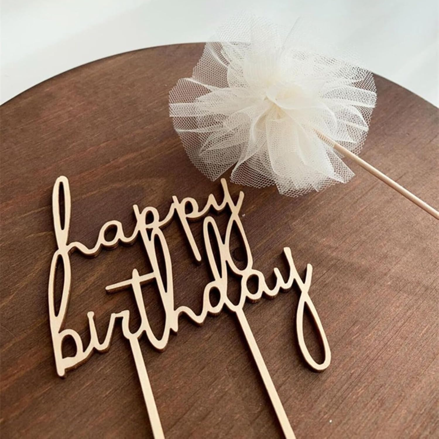 (2-tlg. Set) Holz Kuchenstecker Happy Birthday Pompon Tortenstecker Topper Dekoration für Torten / Kuchen