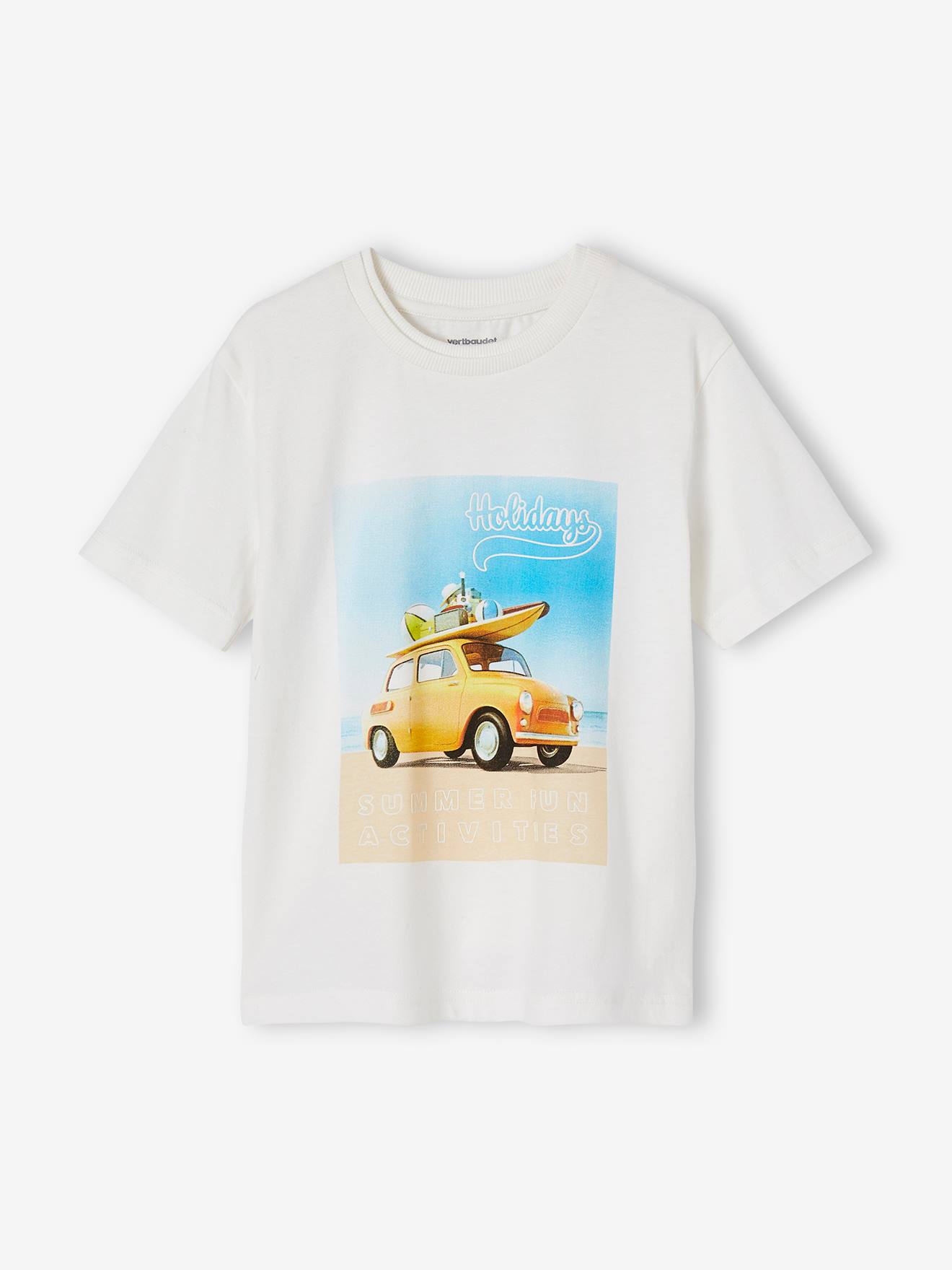 Camiseta infantil masculina com estampa de carro. Branca.