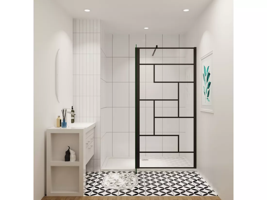 AICA paroi de douche industrielle noire 140x200cm avec un retour pivotant 40cm livré avec une barre de stabilisation 90cm