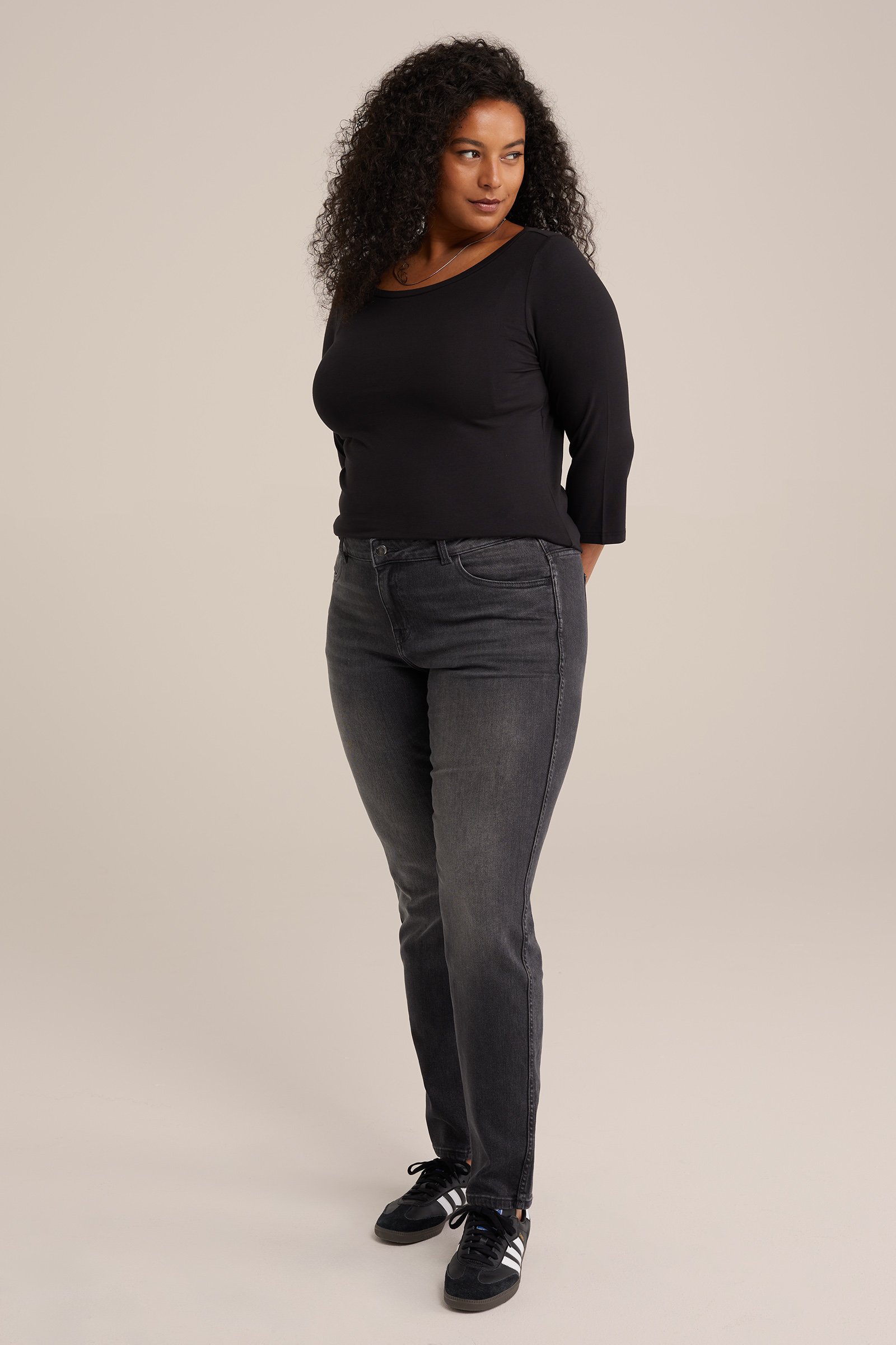 T-shirt met driekwart mouwen - Curve WE Fashion Zwart