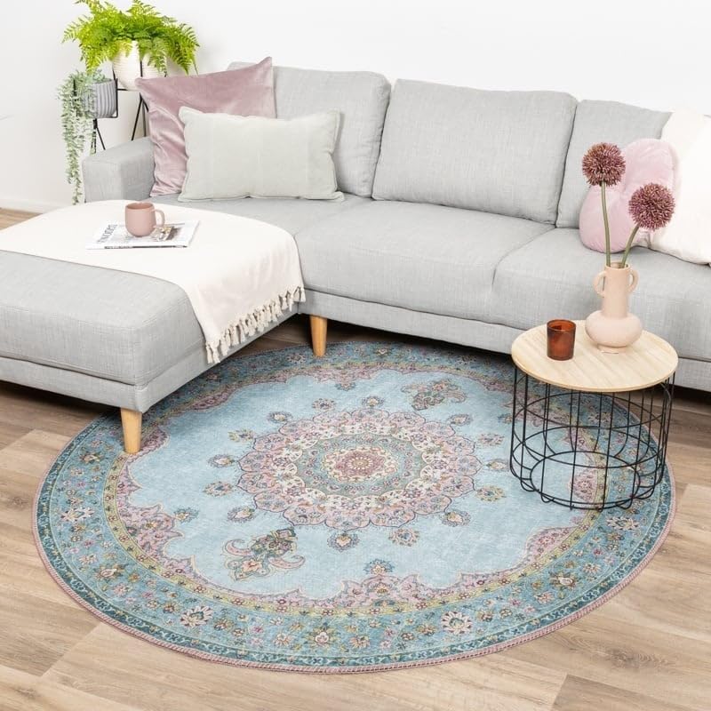 FRAAI | Home & Living Teppich Vintage Rund - Lily Medaillon Hellblau Türkis - Baumwolle, Polyester - Flachgewebe - Vintage - Wohnzimmer, Esszimmer, Schlafzimmer - Carpet