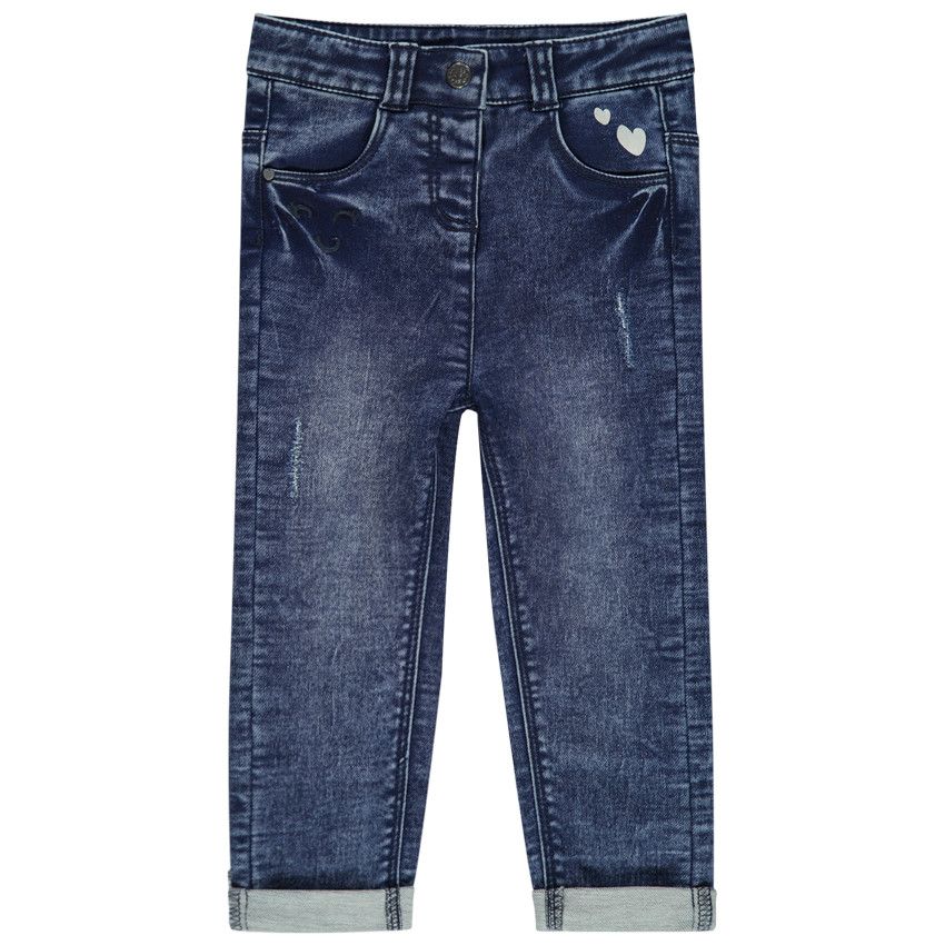 Jean effet used et crinkle avec coeurs printés - Bleu moyen