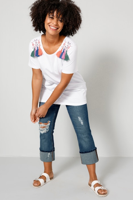 T-Shirt, Classic Fit, Schulter-Quaste, Rundhals, Halbarm