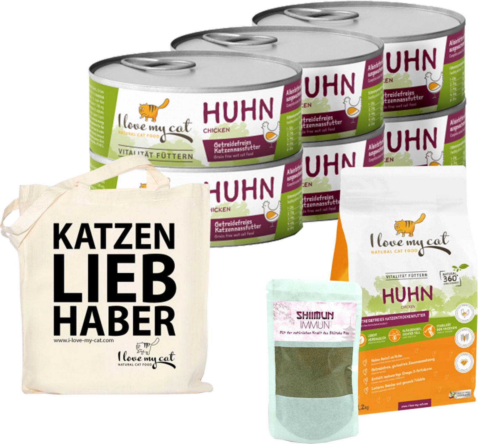 I love my cat Sparset für Savannah Katzen Trockenfutter und Nassfutter mit Huhn Nahrungsergänzung
