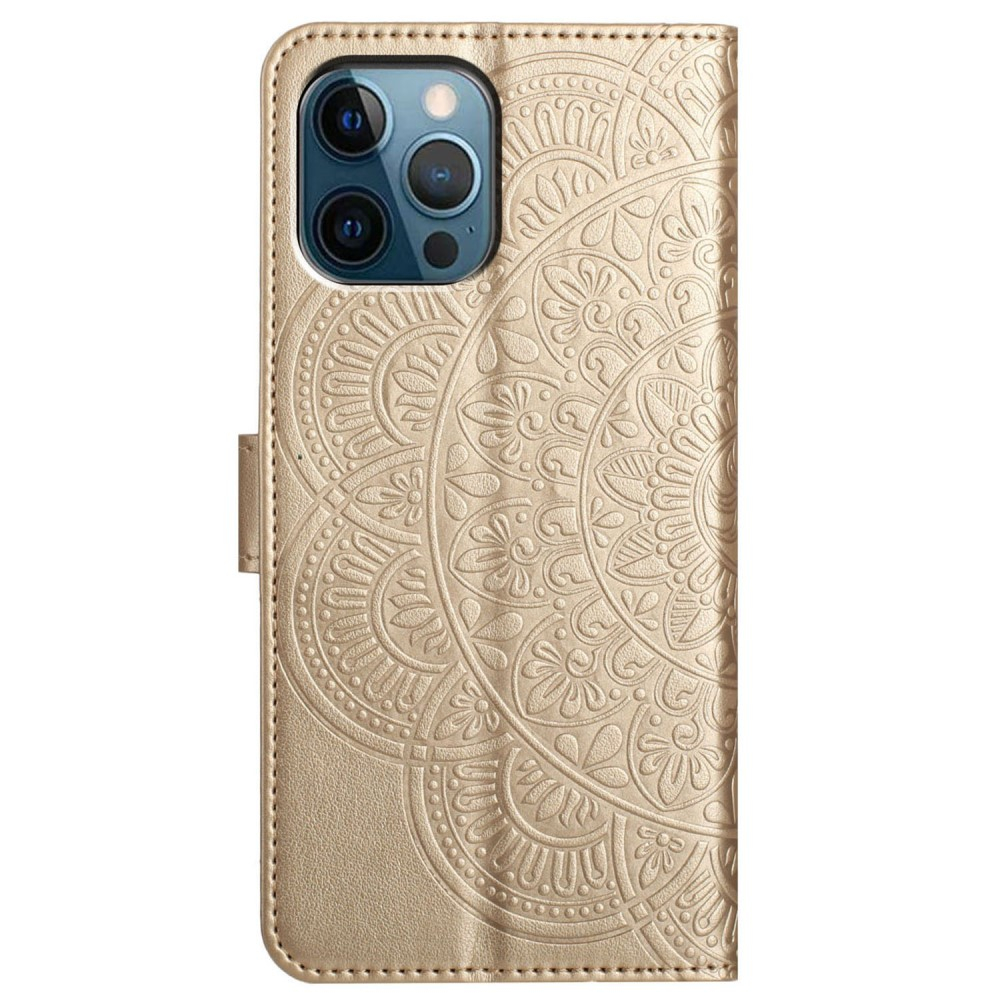 iPhone 16 Pro Leder Tasche Wallet - Mandala Flowers Imprint - Gold