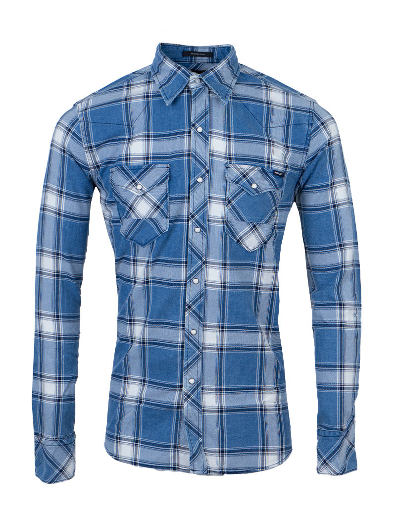 REPLAY CHEMISE HOMME DENIM BI-COLORE BLEU À CARREAUX