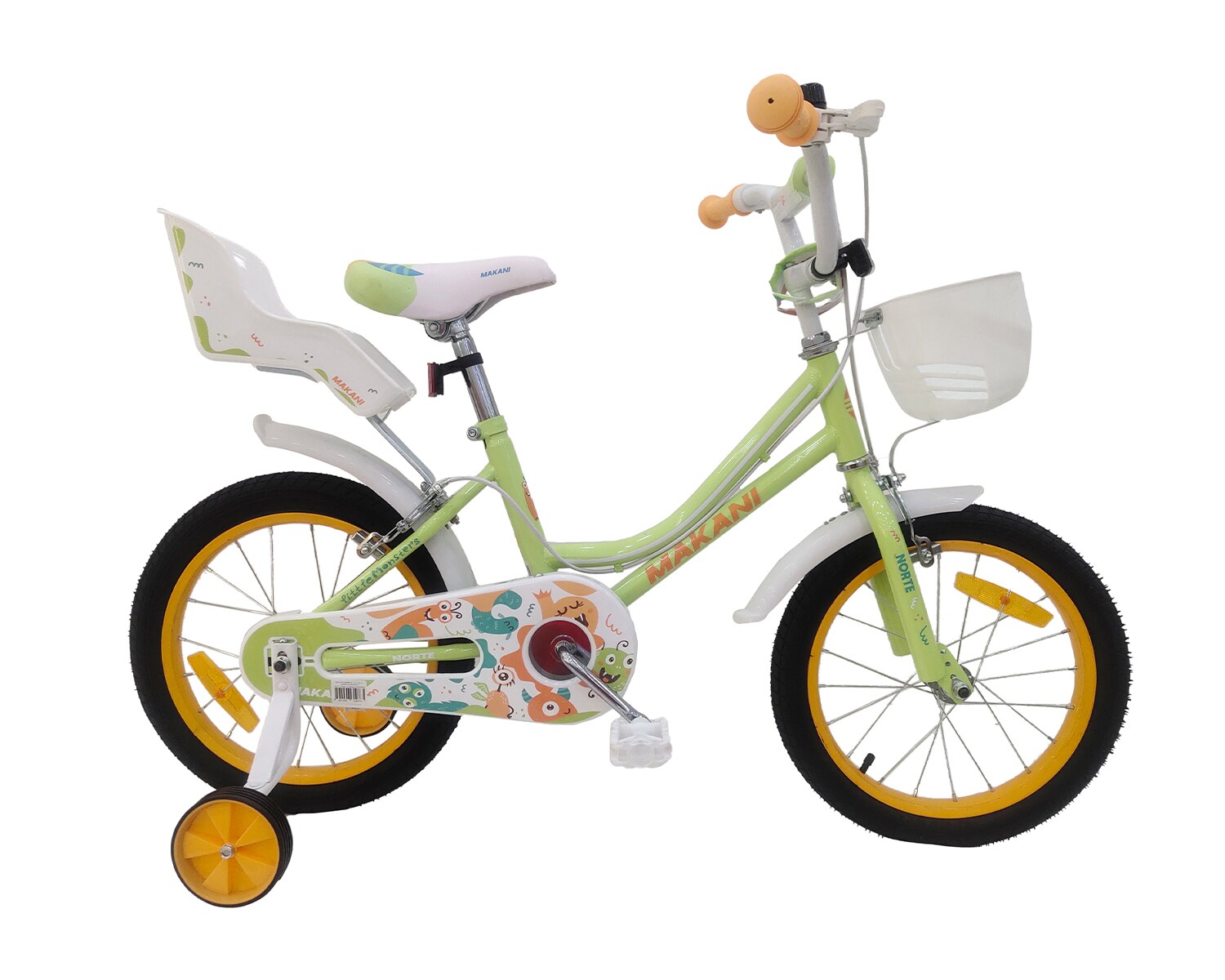 Makani Kinderfahrrad Norte 16 Zoll Stahlrahmen Puppenträger Frontkorb Stützräder grün