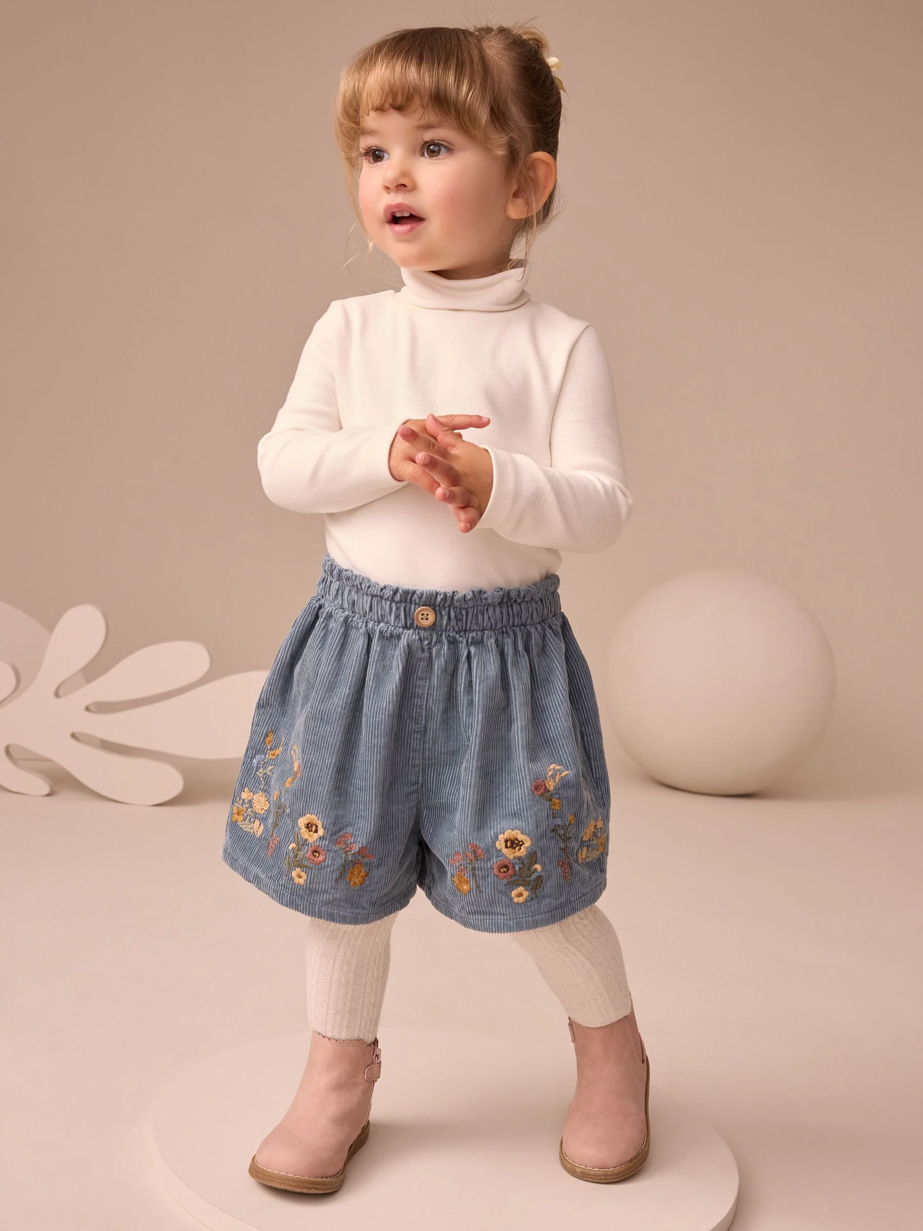 Marineblauw - Floral Embroidered Shorts with Tights (3mths-7yrs)