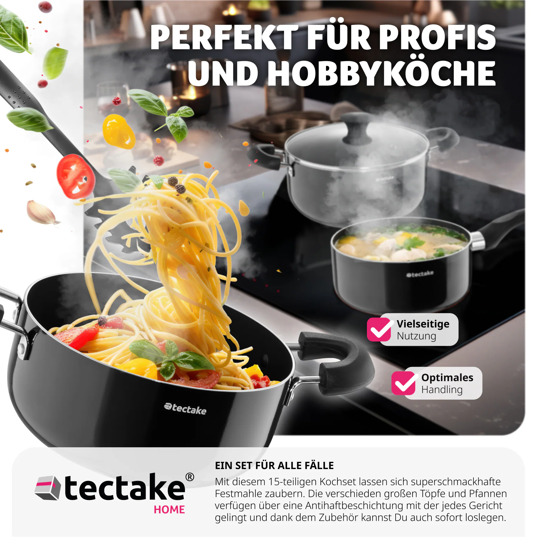 tectake® Kochgeschirr-Set, 15-teilig, Glasdeckel mit Dampfabzug, 5 Küchenwerkzeuge