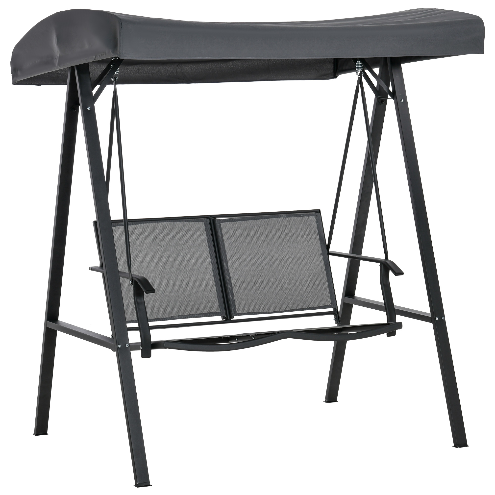 Cadeira de balanço de jardim Outsunny para 2 pessoas com cobertura ajustável, encosto respirável e estrutura de aço para varanda, terraço e uso externo, carga máxima de 220 kg, 150x110x170 cm, cinza