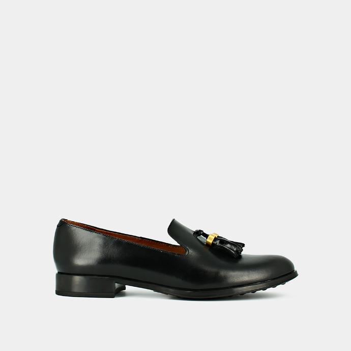 Mocassins à talons plats et bouts ronds  en cuir noir et or