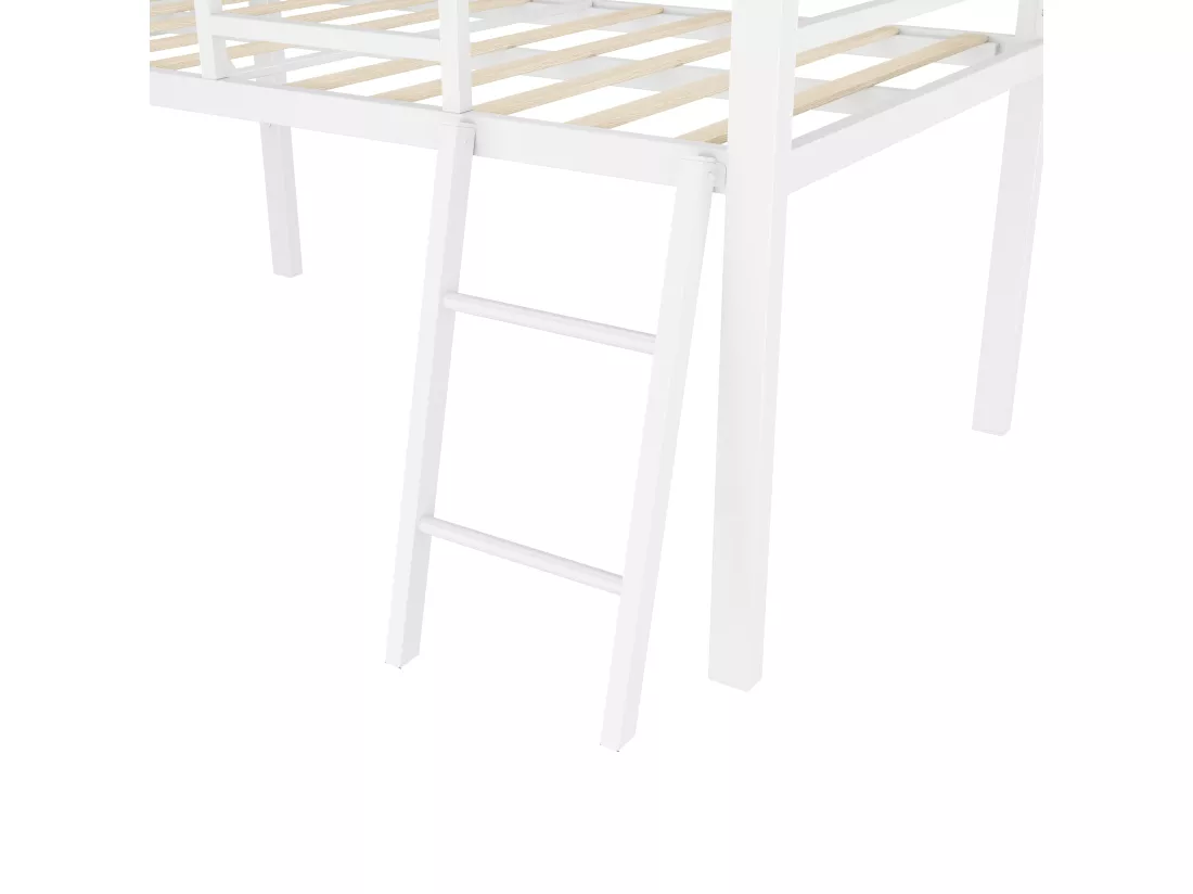 Lit mezzanine 90x200cm en métal avec LED - avec bureau abattant et sommier à lattes - Blanc