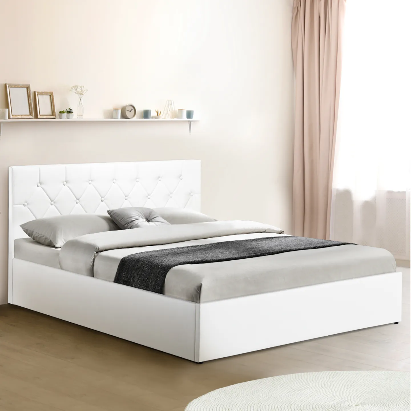 Lit coffre double AUSTIN avec tête de lit et sommier 160 x 200 cm PVC blanc