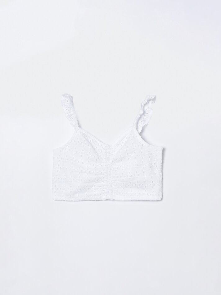 Blusa bordada suíça com babados - Branco-creme