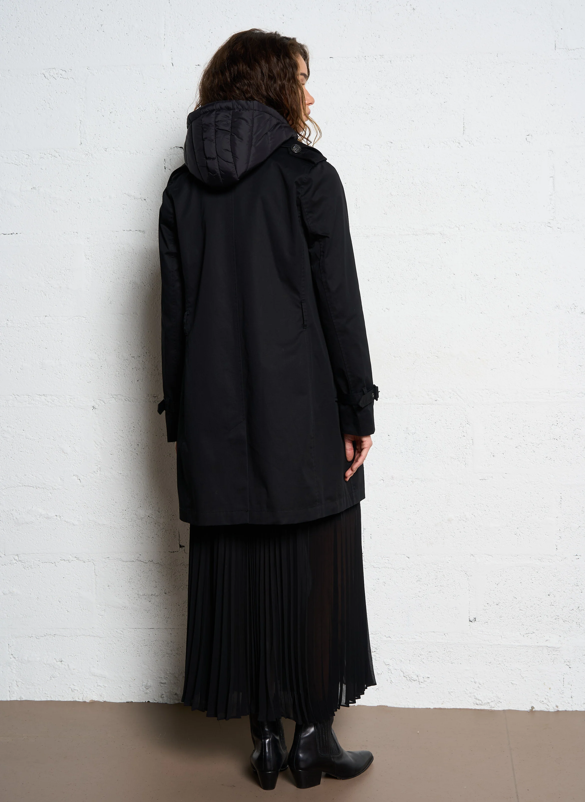 Trench col tailleur à capuche en coton | Noir
