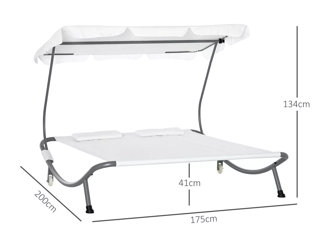Bain de soleil 2 places lit de jardin design contemporain toit réglable 2 roulettes 2 oreillers acier époxy polyester crème