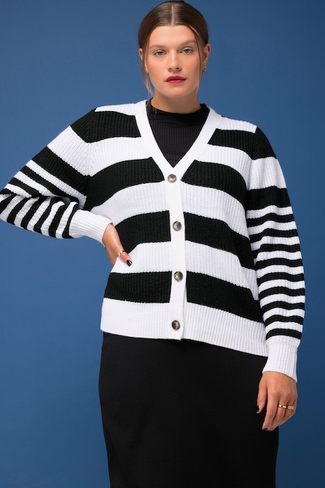 Strickjacke, Boxy Fit, Streifenmix, V-Ausschnitt, Langarm