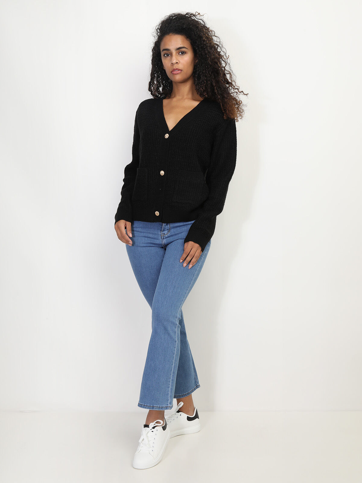 Cardigan texturé à boutons dorés- Noir