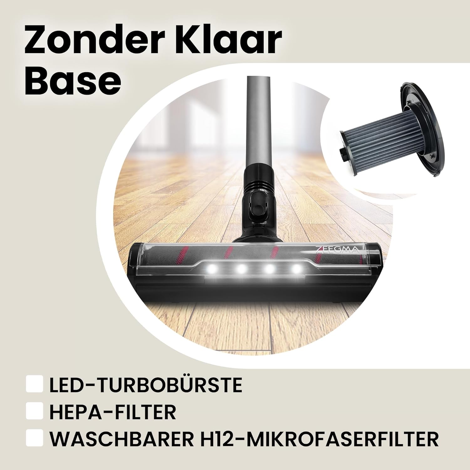 Zeegma ZONDER KLAAR Base Kabelloser aufrechter Staubsauger 250 W / 23 000 Pa, Laufzeit bis zu 55 Min., 3 Betriebsmodi, LED-Bürstentechnologie, intelligenter Staubsensor, Nassbodenreinigungsfunktion