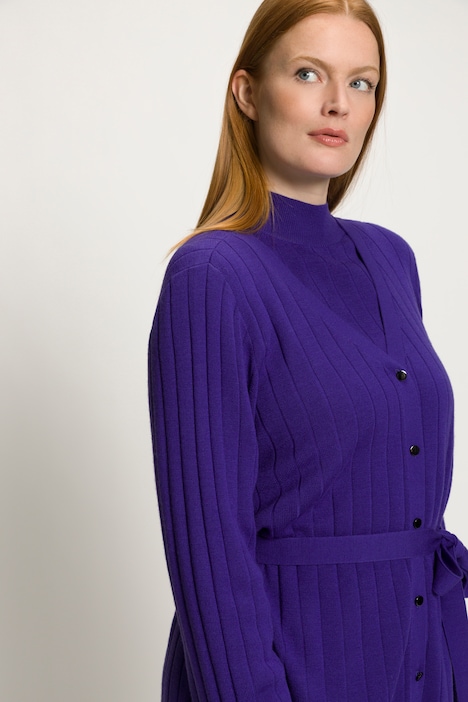 Strickjacke, Wollmix, Rippstrick, V-Ausschnitt, Gürtel