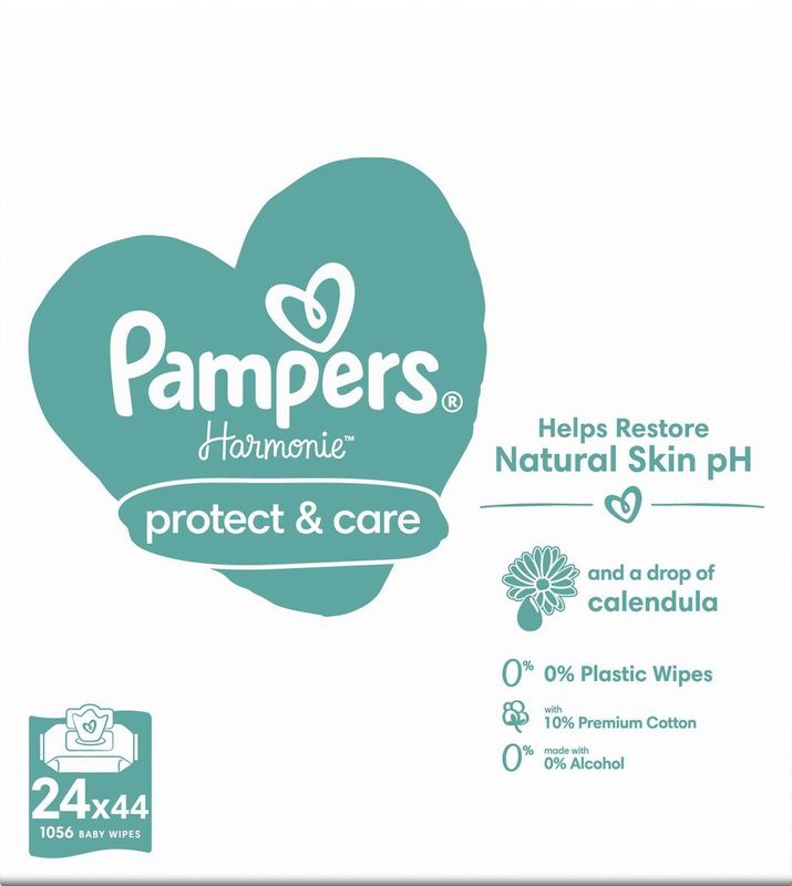Pampers Harmonie Protect & Care Billendoekjes Calendula - 0% Plastic - 24 Verpakkingen = 1056 Babydoekjes