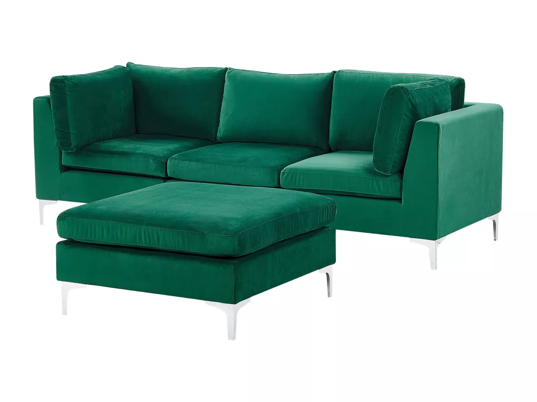 Canapé modulable 3 places en velours vert avec pouf ottoman EVJA
