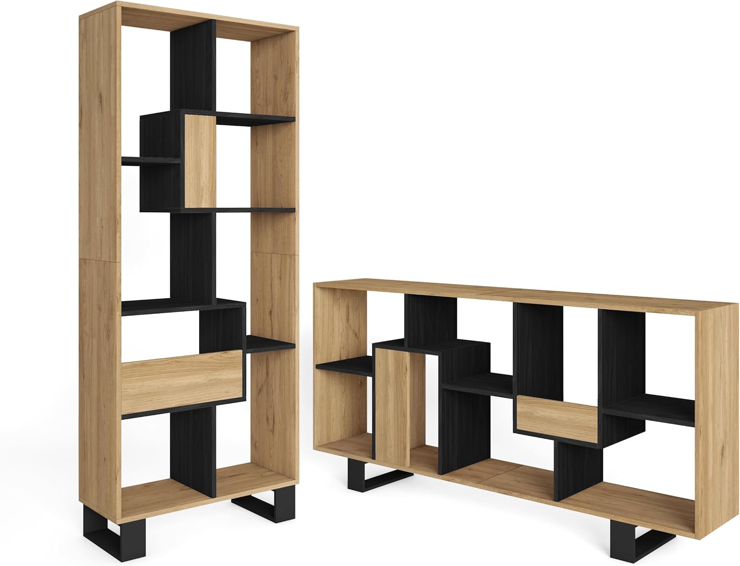 Skraut Home | Bücherregal Bibliothek | Bookshelf, Bookcase | 174x67x31cm | Industriedesign | Moderner Stil | Eiche und Schwarz