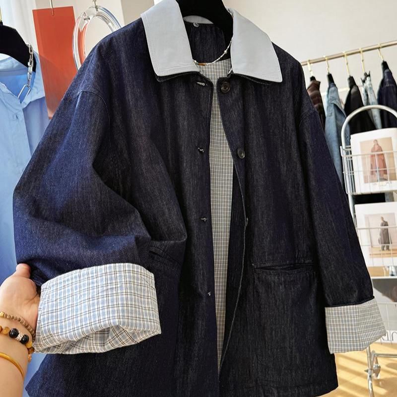 Fluffush - Denimjack met contrasterende kraag, geruit paneel en knoopsluiting