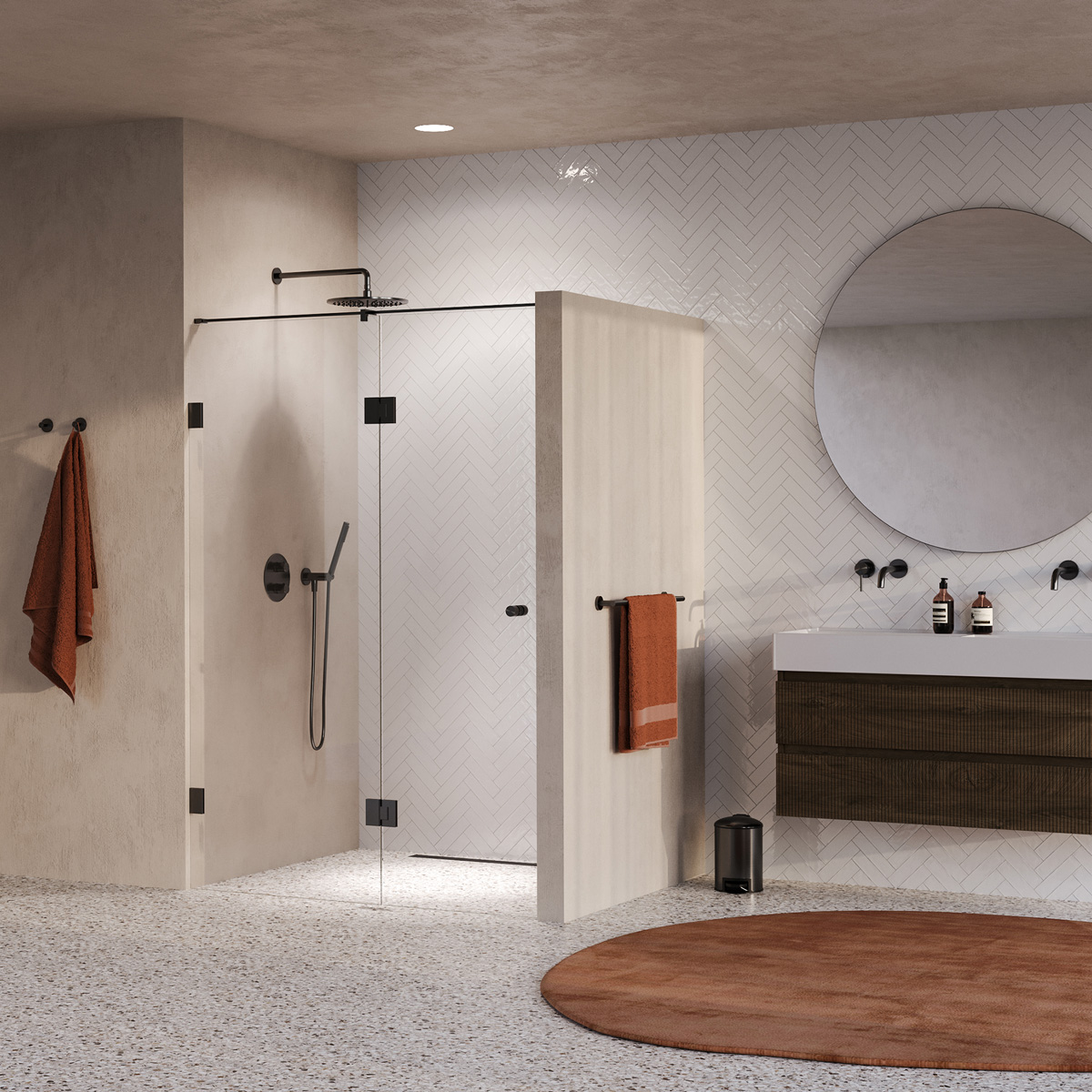 Brauer Void Carving profielloze nisdeur 140cm met draaideur 70cm aan glas gunmetal geborsteld PVD