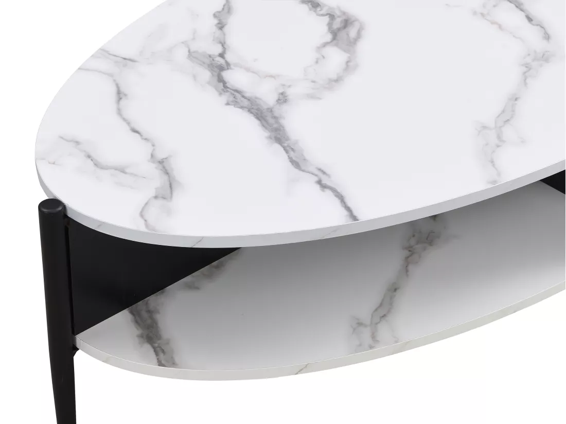 Table basse ovale avec 4 niches en MDF et métal - Effet marbre blanc et noir - EVARO