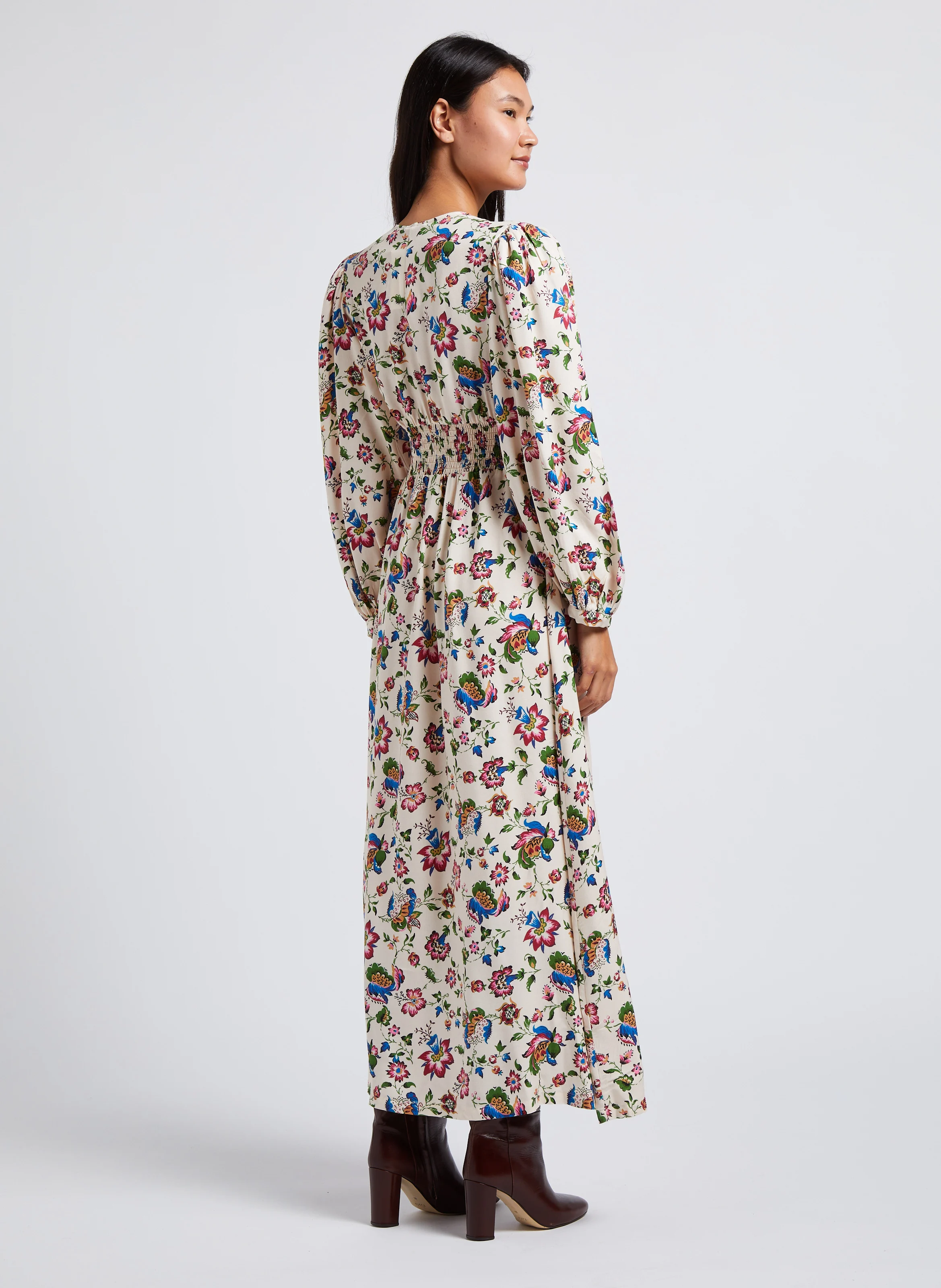 ARIELLE - Robe longue évasée encolure V imprimé | Beige